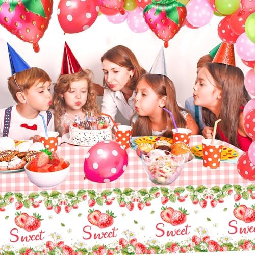 PHOGARY 2 Pack Strawberry Tablecloth Birthday Party Decorations