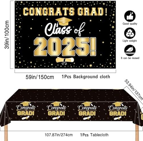 2025 Graduation Decor Set Black And Gold Congrats Party Supplies