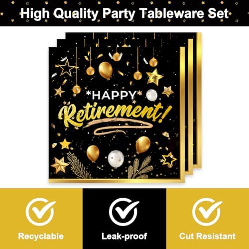 40pcs Retirement Party Tableware Set with Black and Gold Plates and Napkins