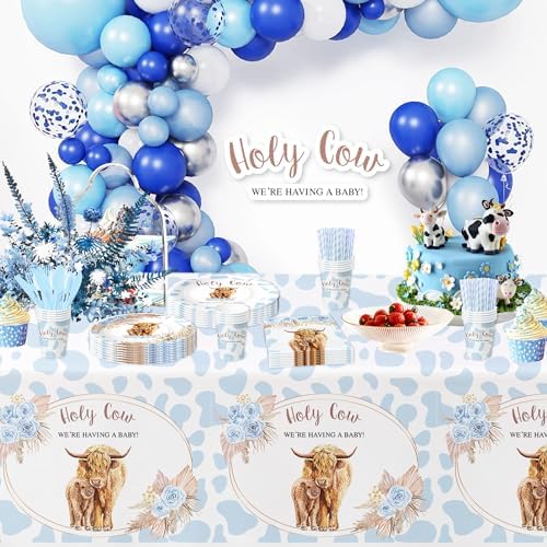 Highland Cow Baby Shower Tableware Set 24pcs Blue Boho Style