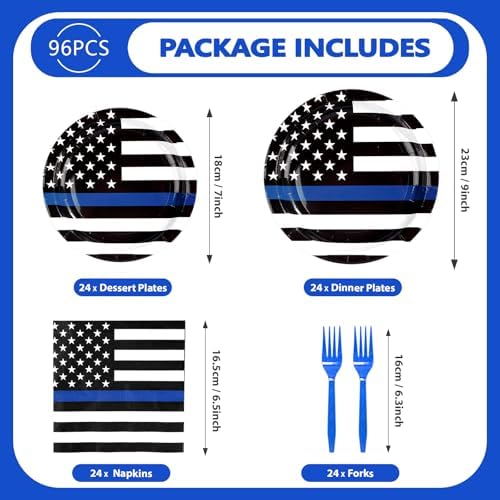 96Pcs Police Retirement Party Supplies Blue Line Plates Napkins Tableware