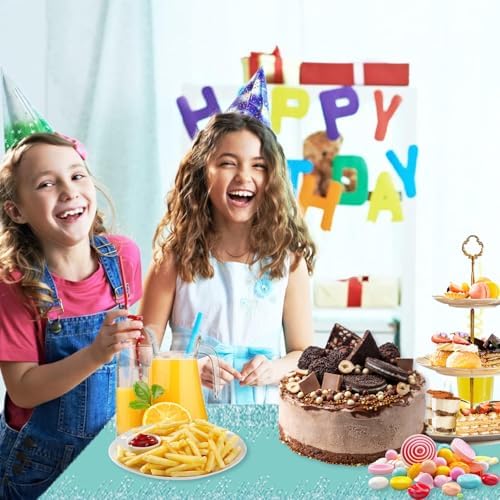 2pcs Teal Silver Glitter Diamond Birthday Tablecloth 70x51 Inches