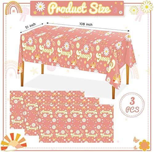 3 Pcs Groovy Table Covers Retro Daisy Rainbow Plastic Tablecloths