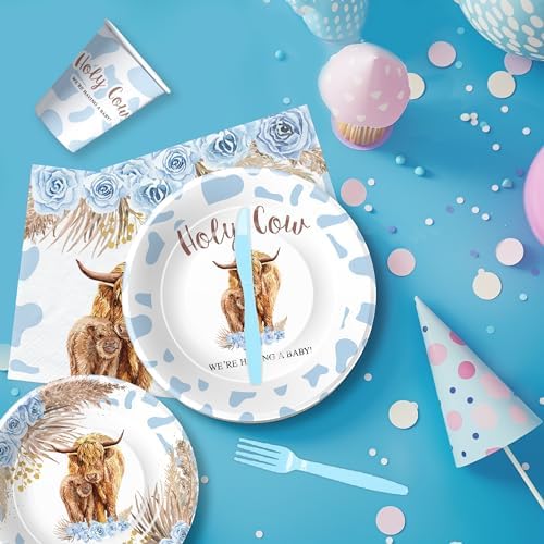 Highland Cow Baby Shower Tableware Set 24pcs Blue Boho Style