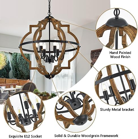 6-Light Farmhouse Wood Pendant Light with Adjustable Height