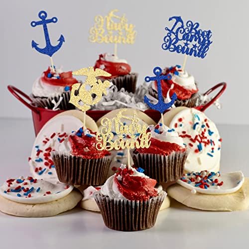24Pcs Military Themed Cupcake Toppers with Glitter and Navy Design