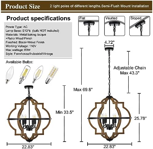 6-Light Farmhouse Wood Pendant Light with Adjustable Height