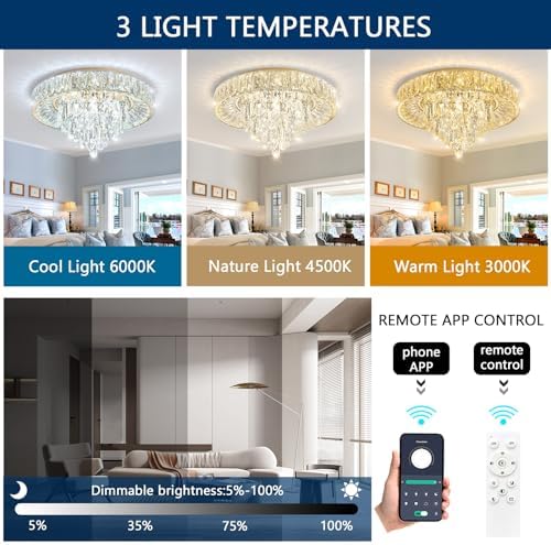 Modern Crystal Chandelier with Dimmable LED Light Remote Control Flush Mount Ceiling Light