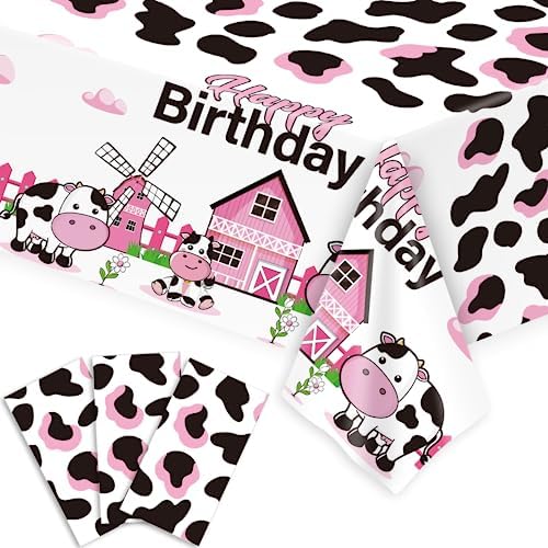 Whaline 3 Pcs Pink Cow Print Tablecloth Waterproof Disposable Party Cover