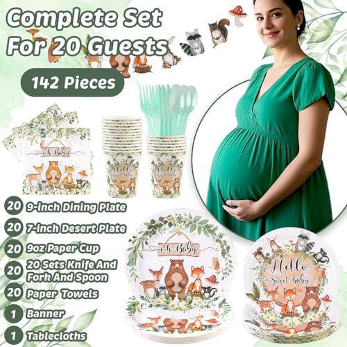 142PCS Woodland Baby Shower Tableware Set for 20 Guests