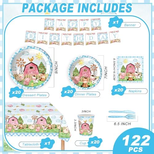 122PCS Farm Animal Party Supplies for 20 Guests