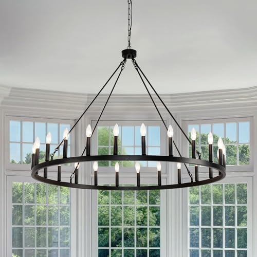 BAOURE 48 Inch Black Wagon Wheel Chandelier 24 Light Modern Farmhouse Pendant Light