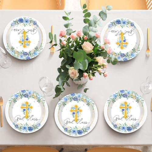 48PCS God Bless Baptism Party Blue Floral Plates