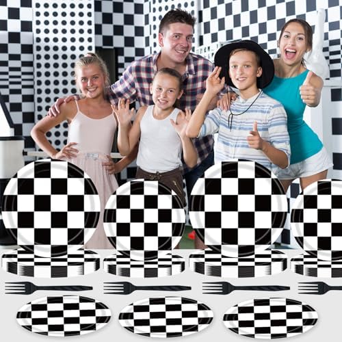 72PCS Black and White Checkered Birthday Plates Set for Kids Racing Party