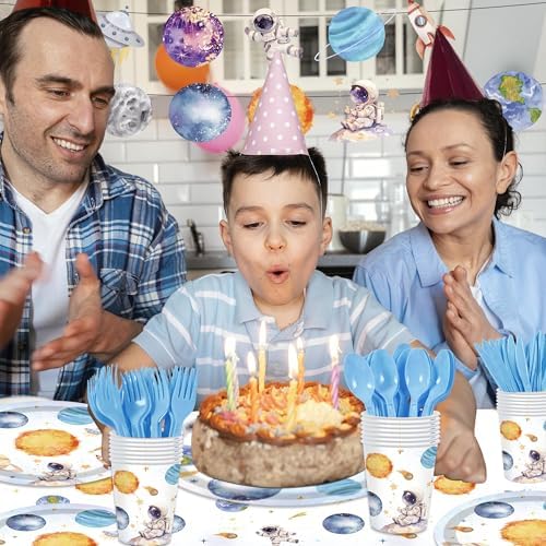 142PCS Space Themed Paper Plates Party Supplies Set for Birthday Celebrations
