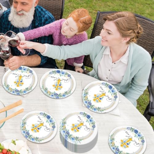 48PCS God Bless Baptism Party Blue Floral Plates