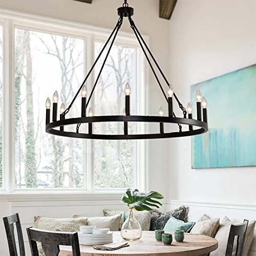 12 Light Wagon Wheel Chandelier Black Rustic Pendant