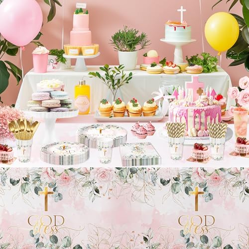 God Bless Baptism Tableware Set for Girl - 24pcs Communion Plates and Cups