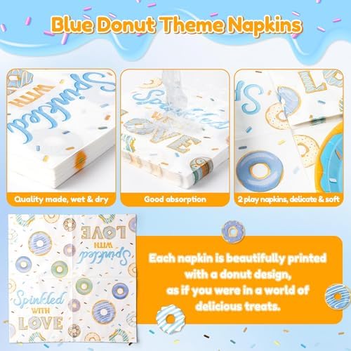 Blue Donut Themed Baby Shower Tableware Set 96Pcs