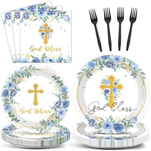 God Bless Baptism Plates Napkins Fork Set for 24 Guests