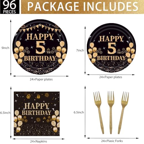 96PCS 5th Birthday Plates Set Black Gold Theme for 24 Guests
