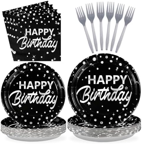 Grencian 96Pcs Black and Silver Birthday Plates Napkins Forks Set