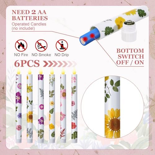 Nuanchu 6 Pcs Pastel Flameless Taper Candles with Dried Flowers