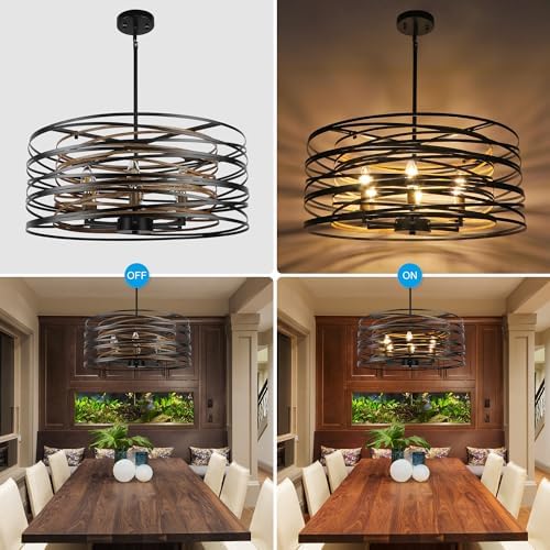 236 Inch Rustic Drum Chandelier with Black Wood Texture Interior