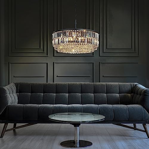5 Lights 24 Inch Modern Glam Chandelier in Matte Black Round Teardrop Crystal