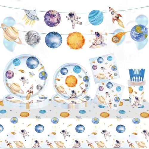 142PCS Space Themed Paper Plates Party Supplies Set for Birthday Celebrations