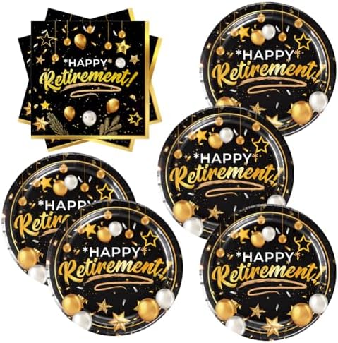 40pcs Retirement Party Tableware Set with Black and Gold Plates and Napkins