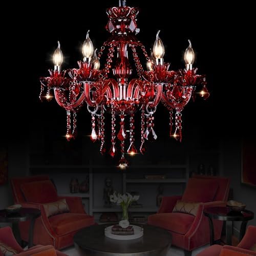 Red 6 Lights Crystal Chandelier with E12 Base