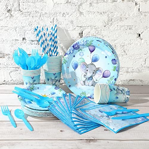 Spakon 200 Pcs Baby Shower Paper Plates Cups Napkins Straws Tableware Set