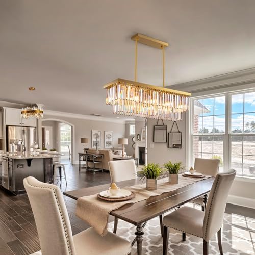 Siljoy 10 Lights Gold Rectangular Chandelier 2 Tiers Crystal Flush Mount Ceiling Light