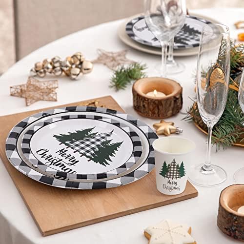 Whaline 100Pcs Christmas Tableware Set Plaid Tree Party Decor