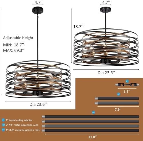 236 Inch Rustic Drum Chandelier with Black Wood Texture Interior