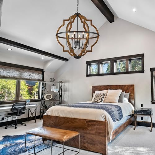 8-Light Farmhouse Wood Pendant Light with Adjustable Height