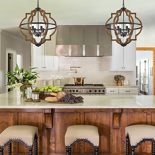 6-Light Farmhouse Wood Pendant Light with Adjustable Height