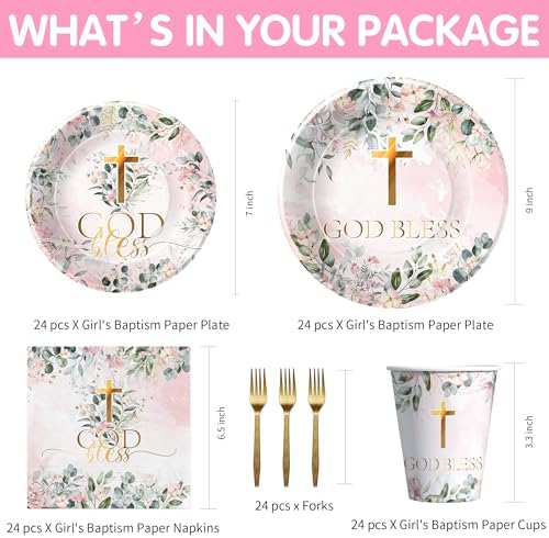 God Bless Baptism Tableware Set for Girl - 24pcs Communion Plates and Cups