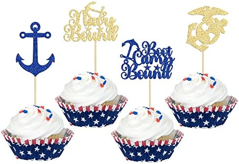 24Pcs Military Themed Cupcake Toppers with Glitter and Navy Design
