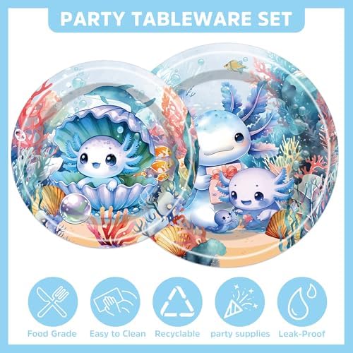 Blue Axolotl Themed Party Plates Set of 96 for 24 Guests