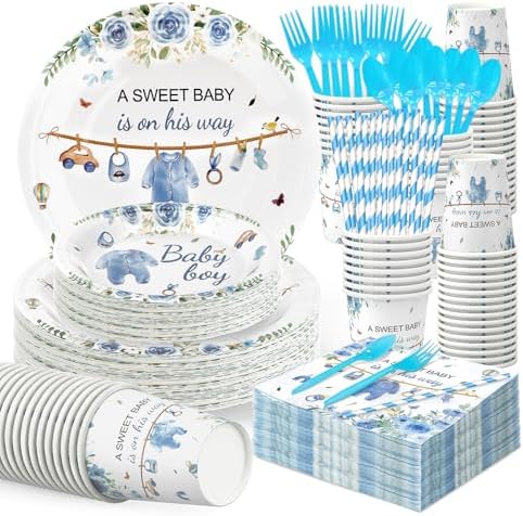 Baby Shower Plates Cups Napkins Set 50 Pack Blue Greenery