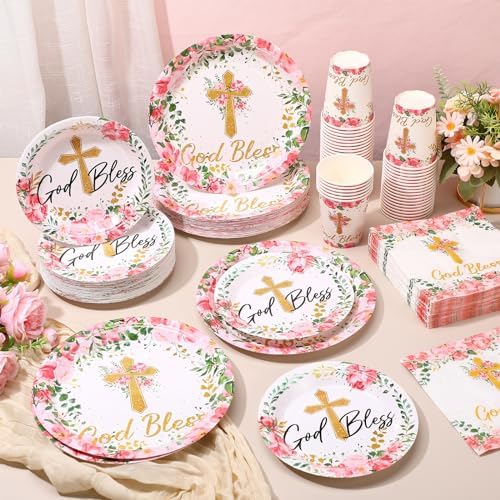 Pickmesh 250 Pcs Pink Baptism Cross Disposable Tableware Set