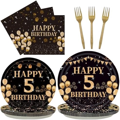 96PCS 5th Birthday Plates Set Black Gold Theme for 24 Guests