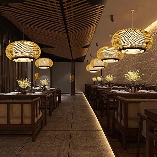 Bamboo Weave Chandelier with Fabric Lampshade