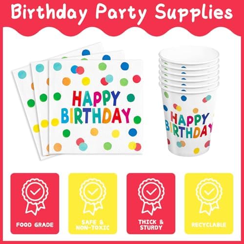 96pcs Happy Birthday Plates Napkins with Polka Dots