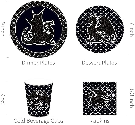 Lide Road 116 Pcs Black Dragon Party Plates Set for 16 Guests