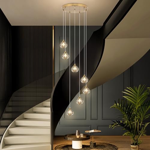 7-Light Gold Crystal Pendant Light for High Ceilings