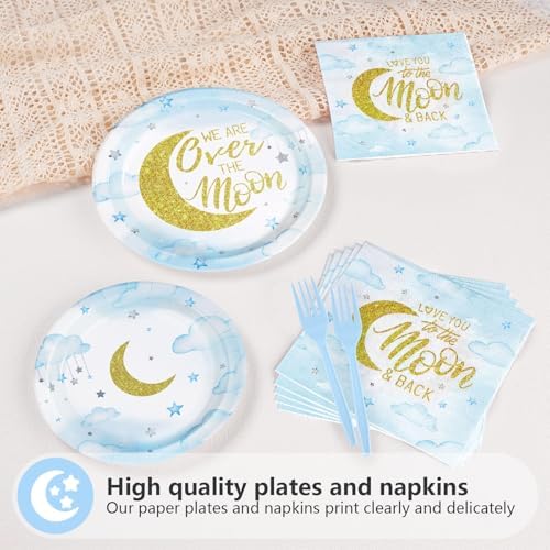 Grencian 96 Pcs Pastel Blue Moon Baby Shower Plates Set