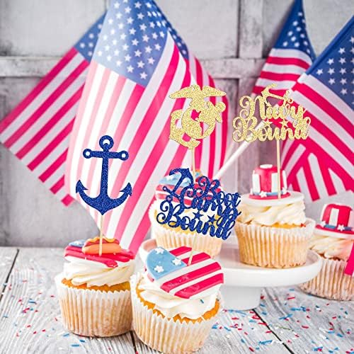 24Pcs Military Themed Cupcake Toppers with Glitter and Navy Design